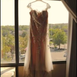 Beautiful White Lace Over Tan Lining Wedding Dress